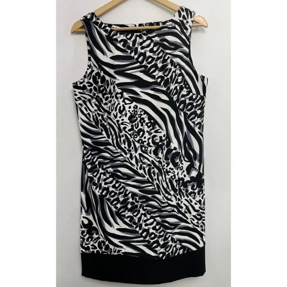 AB‎ Studio Shift Dress Sleeveless Animal Print Stretch Black White Women 14